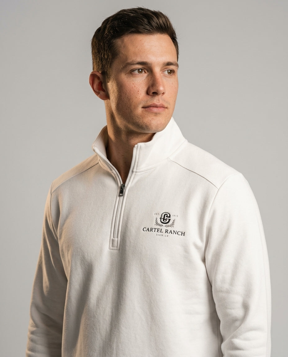 Men's Quarter Zip Sweatshirt — Angled Studio View | Generated by Modelize