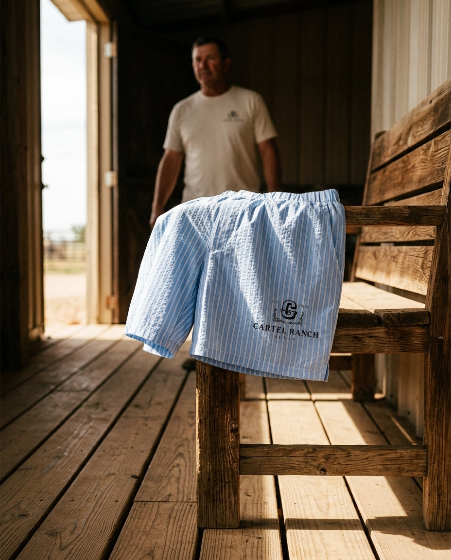 Elastic waist striped shorts — Lifestyle Ranch Scene | Generated by Modelize